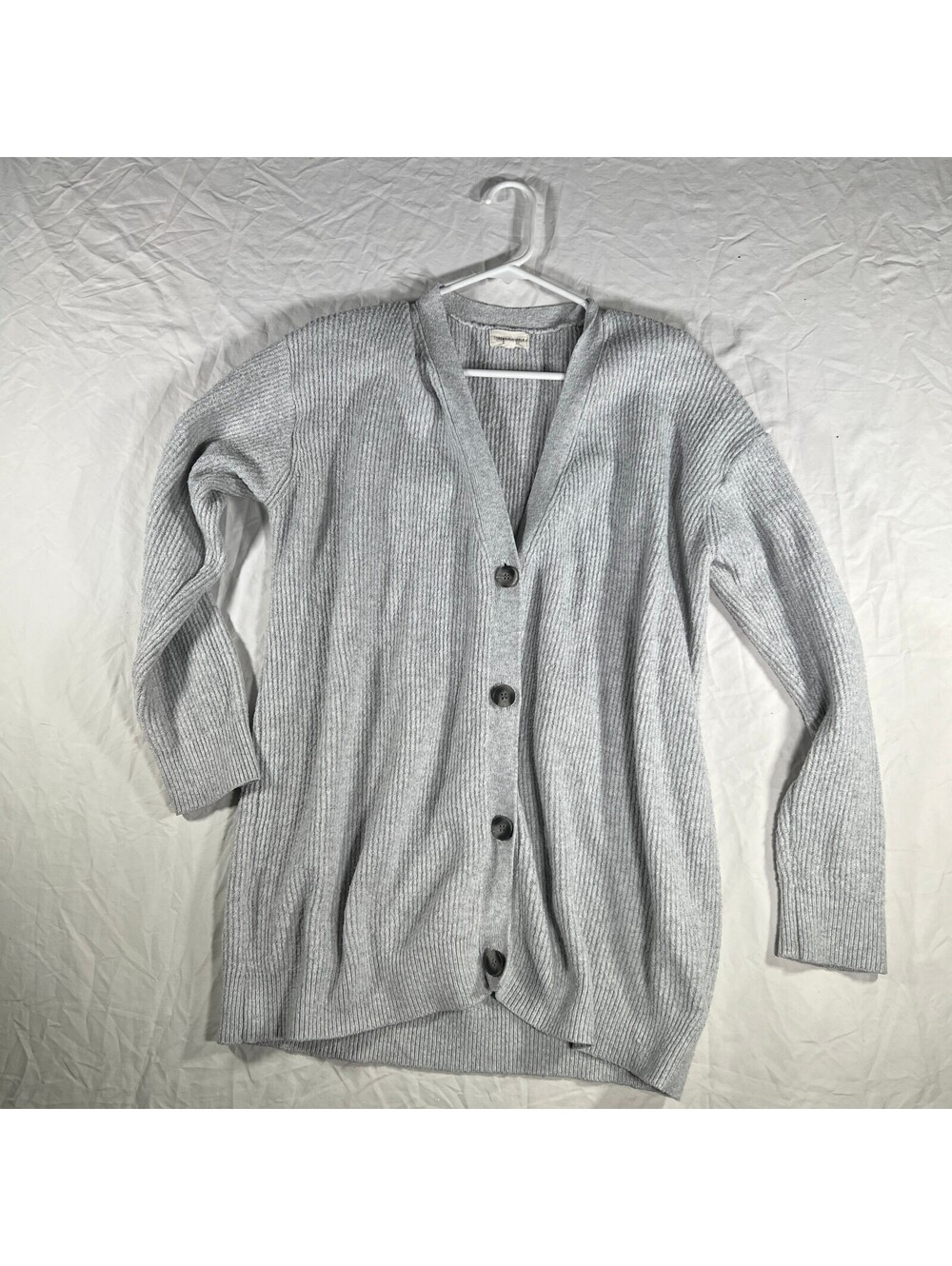 Thread & Supply Gray Ribbed Knit Button Front Long Cardigan Sweater Size S